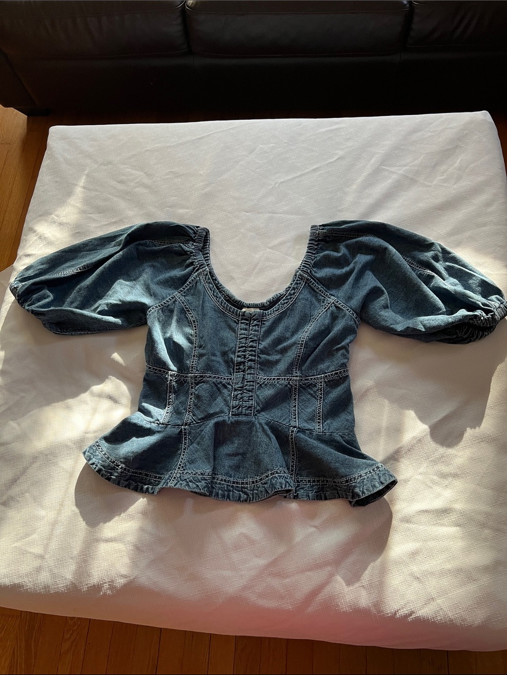 Pilcro Dark Blue Denim Peplum Puff-Sleeve Top